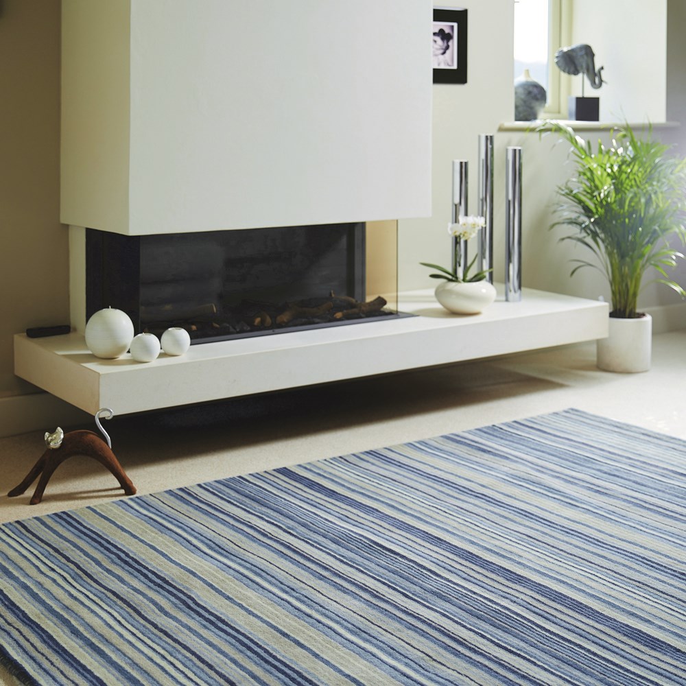 Fine Stripes Modern Wool Rugs in Blue Beige